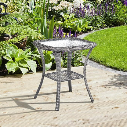 Patio Wicker Side Table, Outdoor PE Rattan End Table with 5mm Tempered Glass Top and 2-Tier Storage Shelf, 20" Square Coffee Table for Deck Porch Garden Backyard-Grey