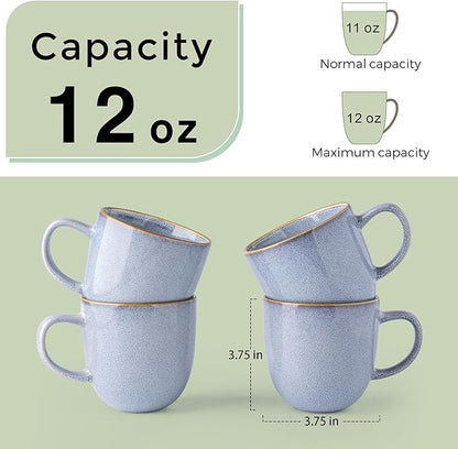 AmorArc 12oz Coffee Mugs, Ceramic Coffee Mugs set of 4 for Man, Woman, Dad, Mom, Modern Coffee Mugs with handle for Latte/Cappuccino/Milk/Cocoa. Dishwasher&Microwave Safe, Blue-Reactive Glaze