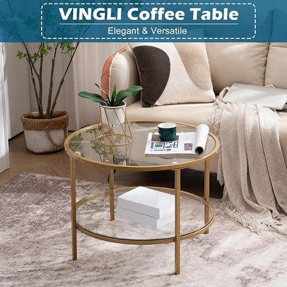 VINGLI 25.6" Round Gold Coffee Tables for Living Room, 2-Tier Glass Top Coffee Table with Storage Clear Coffee, Simple & Modern Center Table for Small Space