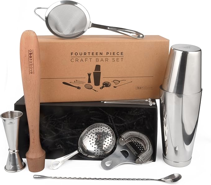 A Bar Above 14-Piece Stainless Steel Bartender Kit, Premium Professional Barware Set for Home Bars and Mixologists, Includes Cocktail Shaker, Jigger, Spoon, Strainers, Muddler, Picks, and More