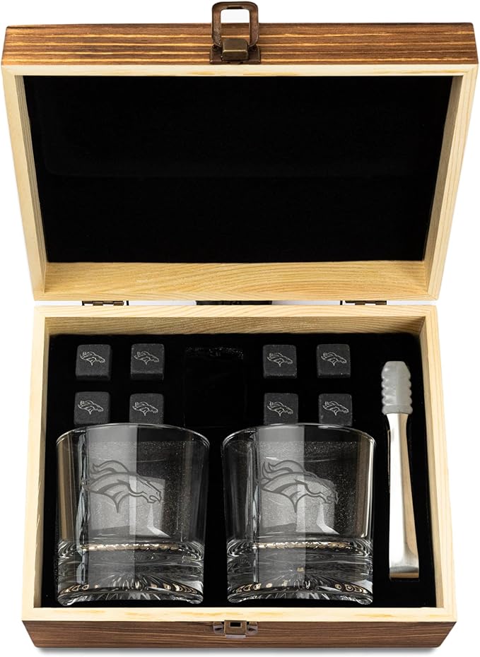 The Memory Company Officially Licensed NFL Wood Boxed Drinkware Set, with 2 Rocks Glasses and Cooling Cubes, Denver Broncos