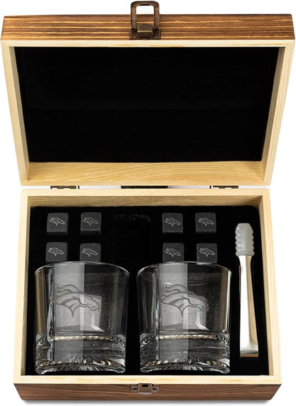 The Memory Company Officially Licensed NFL Wood Boxed Drinkware Set, with 2 Rocks Glasses and Cooling Cubes, Denver Broncos