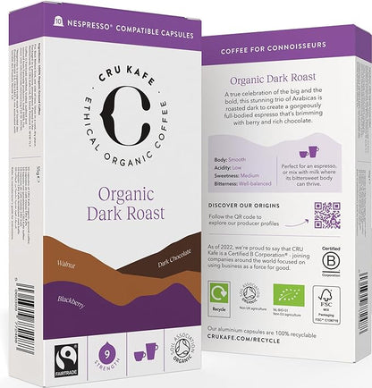 Cru Kafe Dark Roast USDA Organic Espresso Coffee Capsules (50 Pods) Fairtrade Coffee Pods Compatible with Nespresso Original Line and Pixie Machines