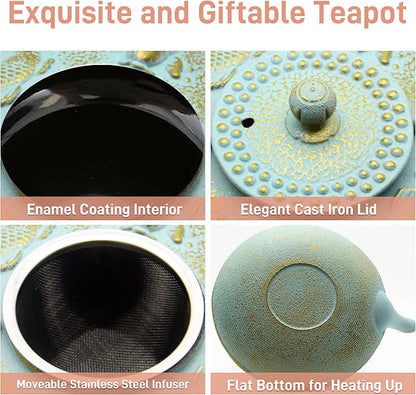 27.1oz Small Cast Iron Teapot, SECHUDO Japanese Style Tea Kettle Coated with Enameled Interior for Stovetop Safe,Cast Iron Tea Pot with Stainless Steel Strainer for Loose Leaf,Flat Fish Pattern(800ml)