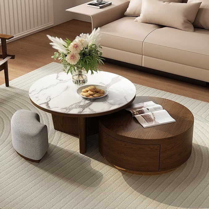 Lartis Coffee Table Set 2 - Walnut Coffee Table with Drawer and Stools - Marble Circular Stone Tabletop Modern Design Round Coffee Table for Living Room