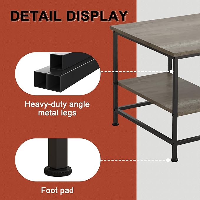 SENIG Grey Oak Rectangle Wood and Metal Coffee Table with Storage Shelf for Small Living Rooms with Shelf