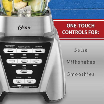 Oster Pro 1200 Smoothie Blender with Glass Jar & 24oz To-Go Cup, Countertop Kitchen Blender with 7 Speeds, 1200W Power, Brushed Nickel