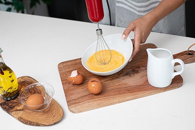 OVENTE Immersion Hand Blender, 300W Electric Handheld Portable Stick Mixer Set with 2 Mixing Speed, Stainless Steel Blades, Egg Whisk Attachment, Mixing Beaker and BPA-Free Food Chopper, Red HS565R