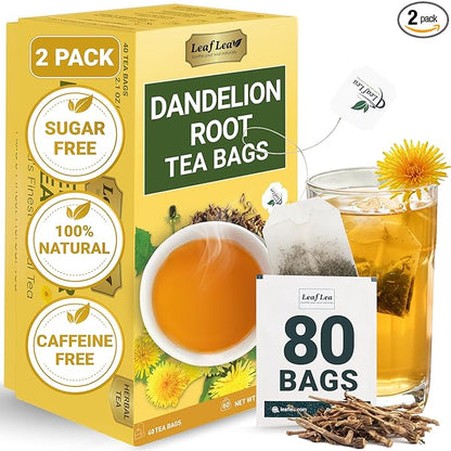 LeafLea 80 Dandelion Tea Bags, All Natural and Pure Dandelion Root Tea, Supports Digestion & Immune Health, Individually Wrapped Tea Bags, Caffeine-Free, Vegan, No Sugar, Gluten-Free, Non-GMO, 2 Pack