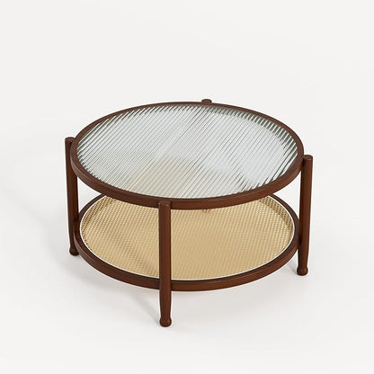 Rattan Round Coffee Table for Living Room, 32" Boho Circle Table with Tempered Glass Desktop Rustic Solid Wood Farmhouse Accent Center Storage Table (Walnut, 31.5" D x 31.5" W x 17" H)