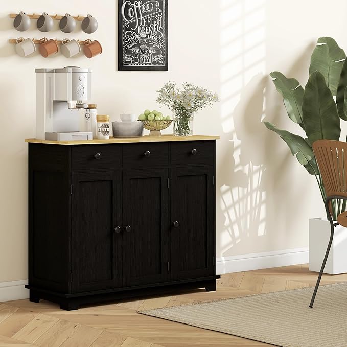 HOMCOM Sideboard with Solid Wood Countertop, Modern Kitchen Storage Cabinet, Coffee Bar Cabinet with 3 Drawers, Doors and Adjustable Shelf, Distressed Black