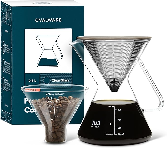 ovalware Pour Over Coffee Maker Set | 17oz / 0.5L Borosilicate Carafe with 304 Stainless Steel Filter and Precision Measuring Cup | Glass Coffee Dripper for Home Brewing