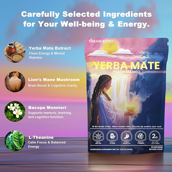 Yerba Mate Peach Mango Tea - Super Calm Yerba Mate - Low Sugar Content, Clean Energy with No Crash - Stay Refreshed and Focused Throughout the Day - Ideal for Health Enthusiasts - 30 Servings