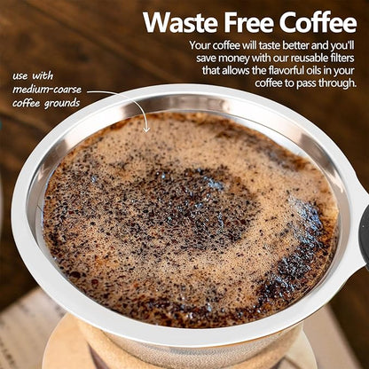 2 Pack Coffee Filters Compatible with Chemex (6, 8, 10 cup) and Hario V60 02 and 03 drippers, Pour Over Coffee Filters- Reusable and Permanent Coffee Cone Dripper