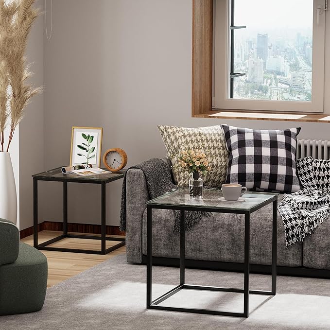 VILAWLENCE Coffee Table Set of 2, Modern Black Glass Side Table, Metal Frame Square End Table, Center Tables,Nesting Coffee Table for Living Room,Bedroom and Small Spaces