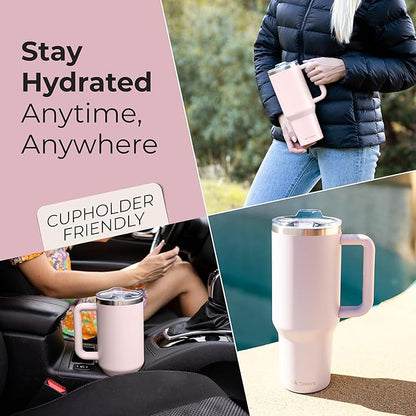 40 oz Tumbler With Handle and Straw Made of Stainless Steel - Double Wall Vacuum Insulated Tumbler With Lid - Sweat Proof Easy Grip, BPA-Free, Dishwasher Safe Tumbler (Rose Quartz)