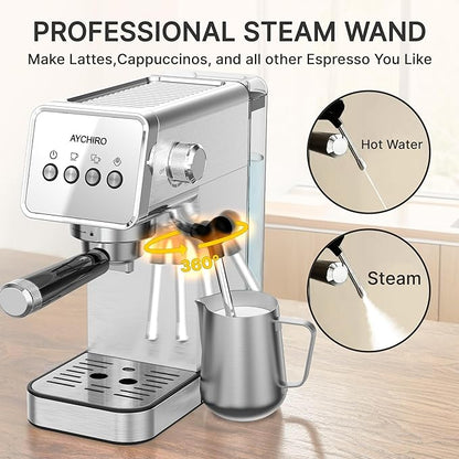 Espresso Machine with Steam Milk Frother,20 Bar Stainless Steel Coffee Maker for Latte & Cappuccino,Detachable Water Tank/Drip Tray, Hot Water Function for Home & Office Use