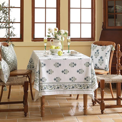 Designer White Linen Extra Long Tablecloth Rectangle,Chinoiserie Floral Elegant Indoor Table Cloth,Fall Stain Proof Decor Tablecloths for Dining Thanksgiving Kitchen,67"*118"-Mosella F