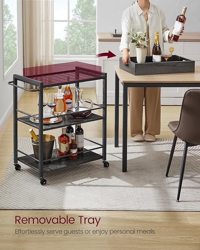 VASAGLE Kitchen Serving Cart with Removable Tray, 3-Tier Kitchen Utility Cart on Wheels with Storage, with Brakes, Leveling Feet, 15.7 x 28.3 x 33.9 Inches, Charcoal Gray and Black ULRC072B04