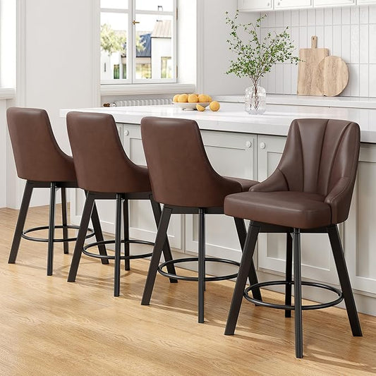 Swivel Bar Stools with Backs, 24" Counter Height Barstools Set of 4, PU Leather Upholstered Counter Bar Stools with Solid Wood Legs for Kitchen Island, Home Bar, Brown