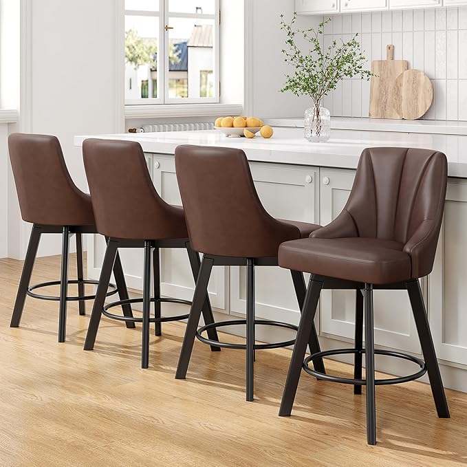 Bar Stools with Backs, PU Leather Upholstered Counter Barstools with Solid Wood Legs for Kitchen Island, Home Bar, Brown