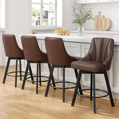 Bar Stools with Backs, PU Leather Upholstered Counter Barstools with Solid Wood Legs for Kitchen Island, Home Bar, Brown