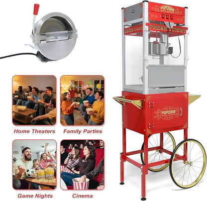 Popcorn Machine with Cart, 22oz Commercial Popcorn Maker Machine with Stainless Steel Kettle, Reject Kernel Tray, Warming Light and Steel Frame Tempered Glass Doors