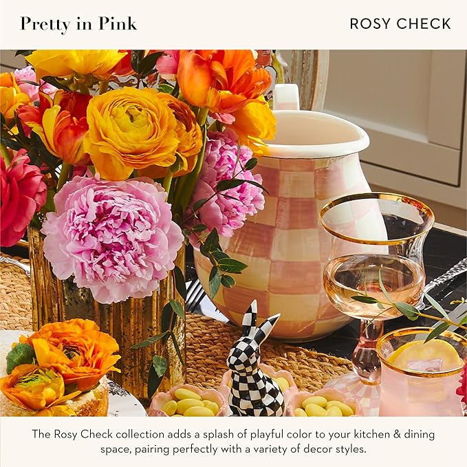 MACKENZIE-CHILDS Enamel Pitcher with Spout for Water, Cut Flowers, and Home Decor, 3 Quarts, Pink-and-White Rosy Check