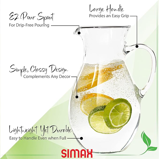 Simax Glass Pitcher With Spout, SMALL 1 Quart Borosilicate Glass Pitchers With Handle,Glass, Cocktail Pitcher, Margarita, Sangria, Beverage Pitchers