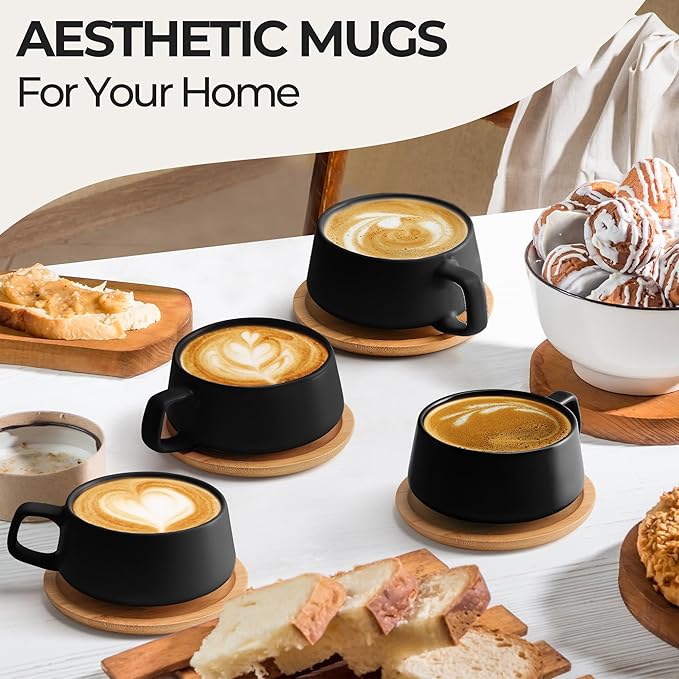 MIAMIO – 11 Oz., Set of 4 Ceramic Tea Cup and Saucer Bamboo/Tea Mug - Wide Cappuccino Cup, Coffee Cups Ceramic Mug for Cappuccino, Latte, Espresso & Americano - Luxe Collection (Black)