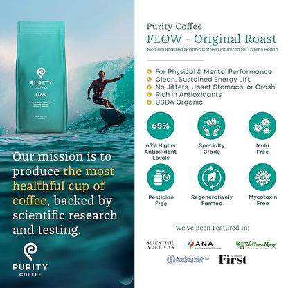 Purity Coffee FLOW Medium Roast Organic Coffee - USDA Certified Organic Specialty Grade Arabica Whole Bean Coffee - Third Party Tested for Mold, Mycotoxins and Pesticides - 5 lb Bag