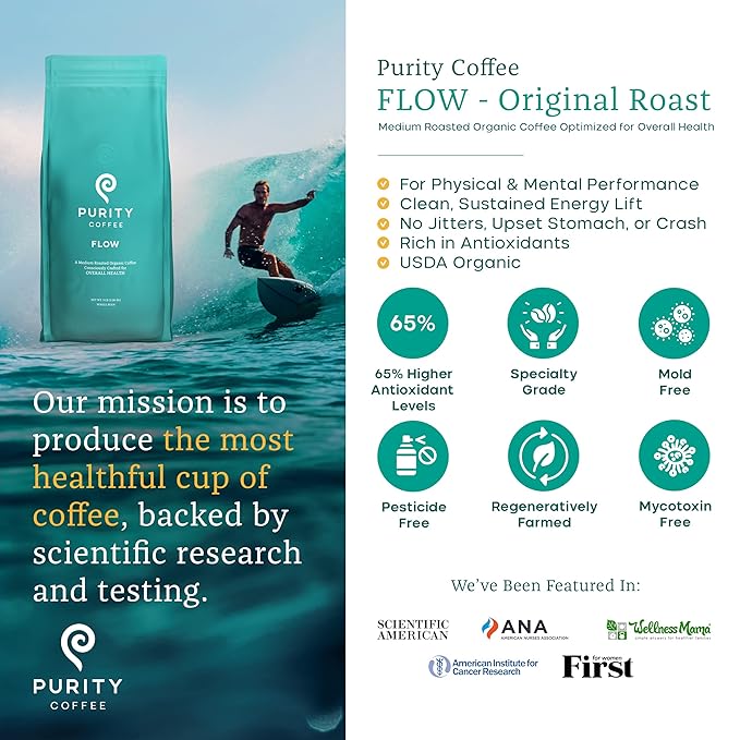 Purity Coffee FLOW Medium Roast Organic Coffee - USDA Certified Organic Specialty Grade Arabica Whole Bean Coffee - Third Party Tested for Mold, Mycotoxins and Pesticides - 5 lb Bag