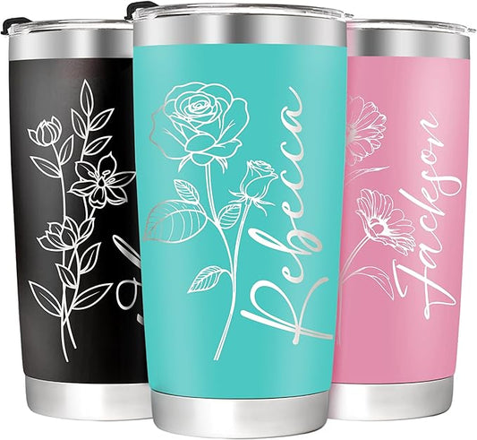 Personalized Tumbler with Name & Birth Flower Month, Custom Coffee Tumbler Stainless Steel Travel Mug Cup 20 Oz Personalized Gifts for Birthday Christmas Anniversary for Dad Mom Kids