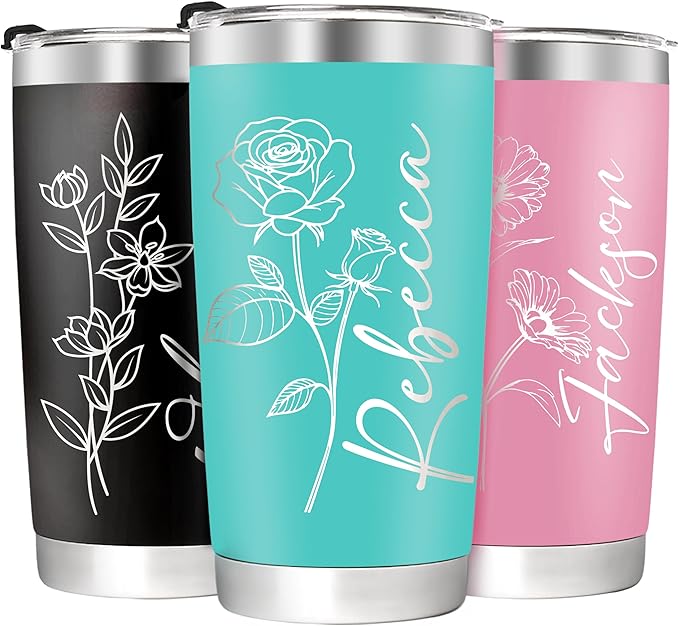 Personalized Tumbler with Name & Birth Flower Month, Custom Coffee Tumbler Stainless Steel Travel Mug Cup 20 Oz Personalized Gifts for Birthday Christmas Anniversary for Dad Mom Kids