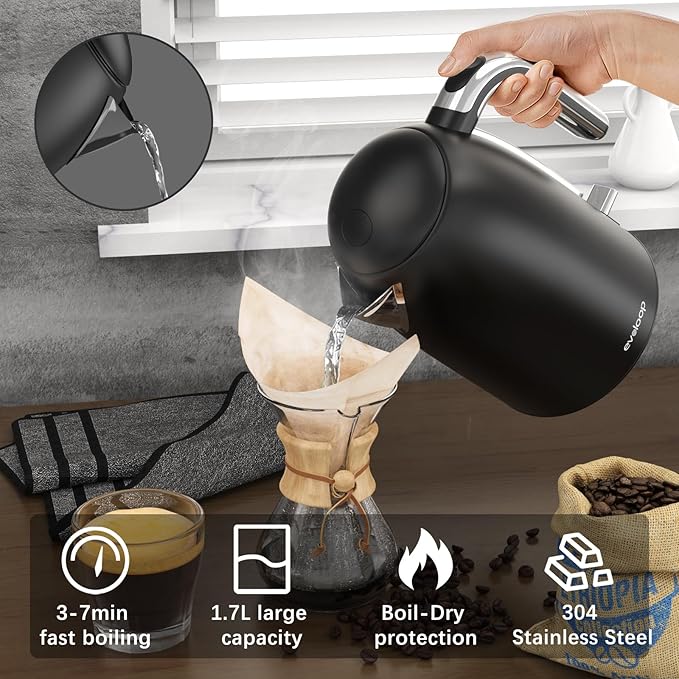 Electric Kettles, 1.7L Tea Kettle, Hot Water Boiler Heater, Stainless Steel Electric Teapots BPA Free, Auto Shut-Off & Boil-Dry Protection, 120V/1500W-Black