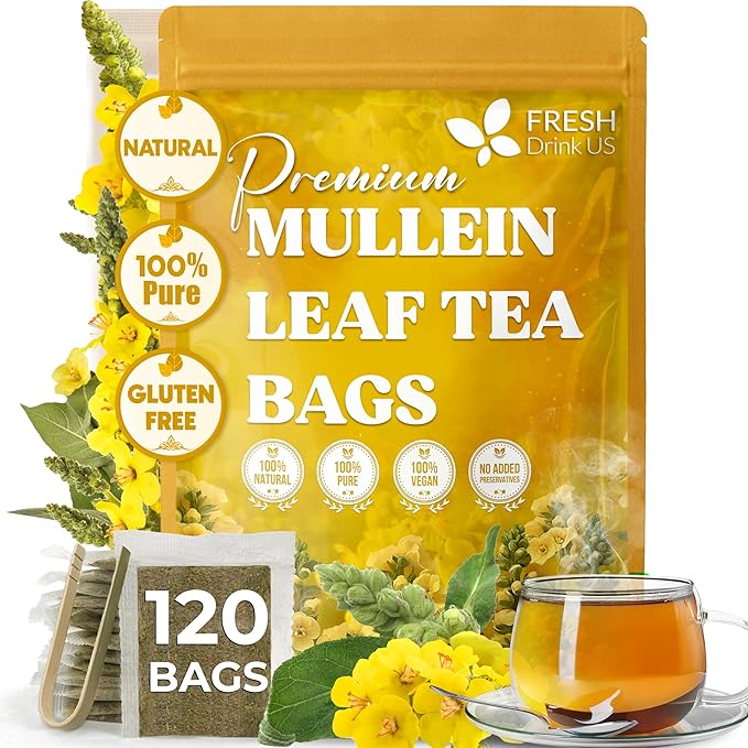 FreshDrinkUS, Premium 120 Mullein Leaf Tea Bags For Lung, 100% Natural & Pure from Mullein Leaves. Loose Leaf Mullein Herbal Tea. Made with Natural Material Tea Bags. No Sugar, No Caffeine, No Gluten, Vegan.