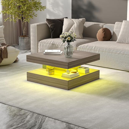 LED Coffee Table for Living Room, Living Room Table 2-Tier Square Middle Center Table, Modern Coffee Tables with Storage, Contemporary Wood Tea Tables for Dining Reception, Grey Wood