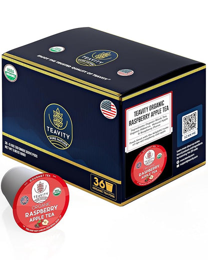 Organic Raspberry Apple Black Tea Pods for Keurig - Naturally Caffeinated Fruit Tea by Teavity (36 Tea Pods)
