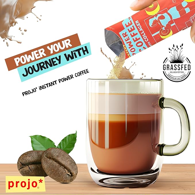 Projo* Power Coffee – Instant Coffee with 11g Protein – Grass-Fed Hydrolyzed Bovine Collagen & 175mg Caffeine – Cinnamon Latte Flavor – Organic – Energy Support – 12 Single-Serve Packets
