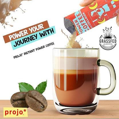Projo* Power Coffee – Instant Coffee with 11g Protein – Grass-Fed Hydrolyzed Bovine Collagen & 175mg Caffeine – Cinnamon Latte Flavor – Organic – Energy Support – 12 Single-Serve Packets