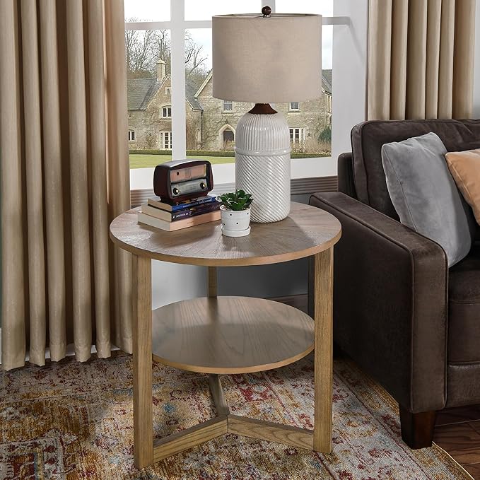 PADMA HOUSE 25" Round Wood End Table, 2-Tier Solid Wood Rounded Accent Side Table Circle Nightstand Table with Storage Shelf Vintage Furniture for Home Living Room Bedroom,Rustic Natural 3338