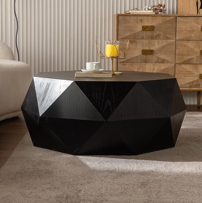 38" Modern Farmhouse Drum Coffee Table, American Retro Style Coffee Table for Office, Dining Room and Living Room, Black
