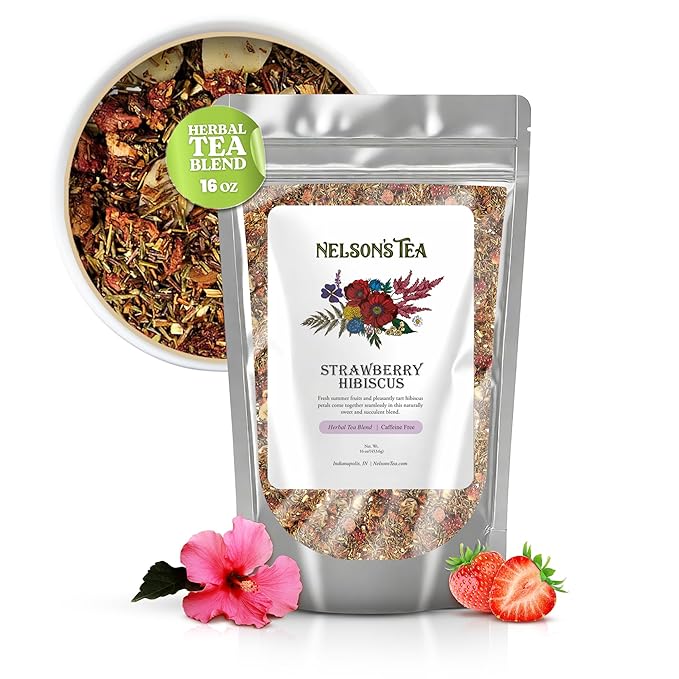Nelson's Tea - Caffeine Free Strawberry Hibiscus - Rooibos Loose Leaf Tea - Green Rooibos, honey bush, hibiscus flower, marigold petals, orange peel, raspberries, pomegranate, and strawberries (16 oz)