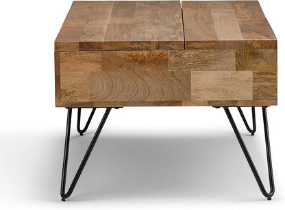 SIMPLIHOME Hunter Lift Top Coffee Table - 48 inch Wide Solid Mango Wood and Metal Industrial Cocktail Table in Natural, Functional Living Room Table with 2 Storage Cubbies and Hairpin Legs