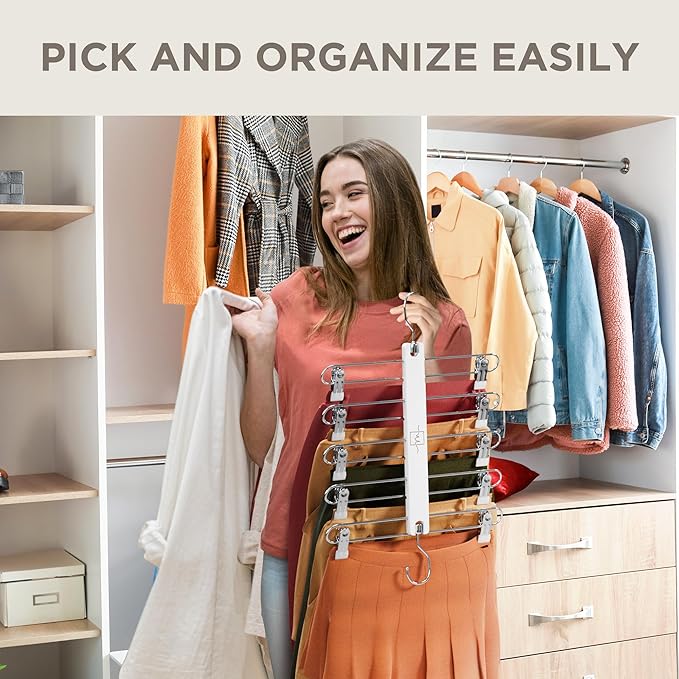 MORALVE Skirt Hangers Space Saving with Clips - 2 Pack - European Beechwood 5-Tier Hanger for Shorts, Skirts, and Pants - Closet Organizer and Storage Solution for Women with 360° Swivel Hook