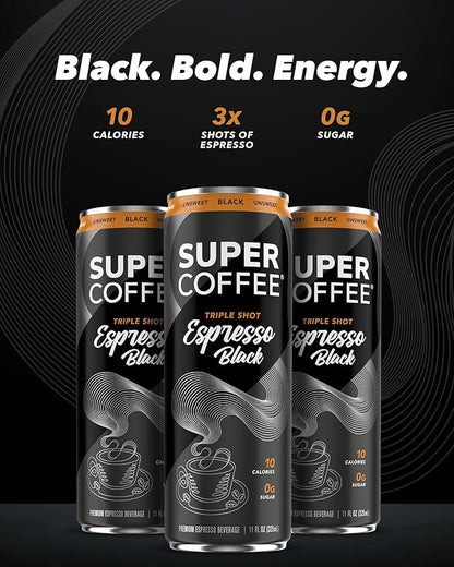 SUPER COFFEE Espresso, Iced Keto Coffee (0g Added Sugar, 10 Calories) [Triple Shot Black] 11 Fl Oz, 12 Pack | Cold Brew, Smart Coffee Drinks - SoyFree GlutenFree