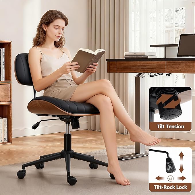 Home Office Chair with Wheels, Adjustable Height Desk Chair Leather Swivel Computer Chair, Armless Modern Walnut Chair for Office, Meeting Room, Black