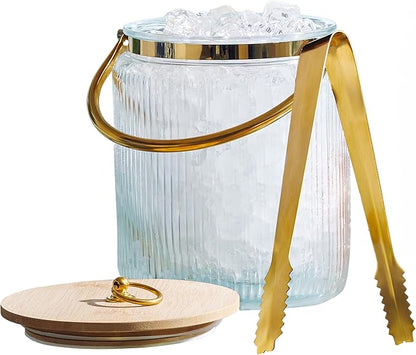 Glass Ice Bucket with Airtight Lid, Ice Tong Scooper and Handle - 3L Ribbed Beverage Tub Cocktail Home Bar Accessories, Wine, Beer - Chiller for Parties, Champagne Drink Tub Cooler with Hinged Handles