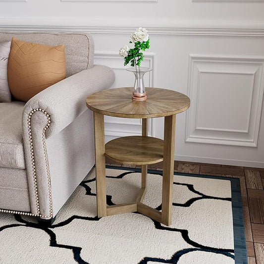 PADMA HOUSE 19.3" Round Wood End Table, 2-Tier Solid Wood Rounded Accent Side Table Circle Nightstand Table with Storage Shelf Vintage Furniture for Home Living Room Bedroom,Rustic Natural 3338