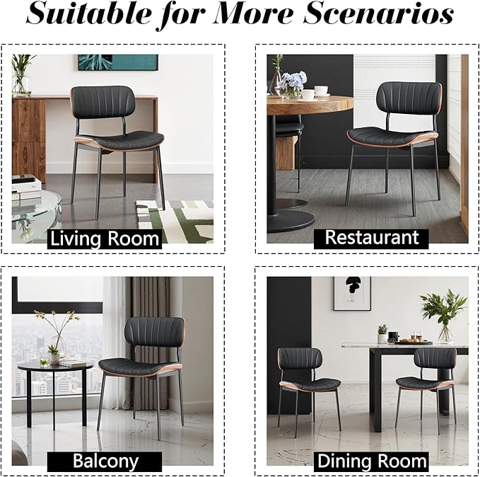 Modern PU Leather Dining Room Chairs Set of 2, Upholstered Kitchen Chairs with Walnut Bentwood Back and Metal Legs Adjustable Feet for Kitchen Dining Room(Balck)